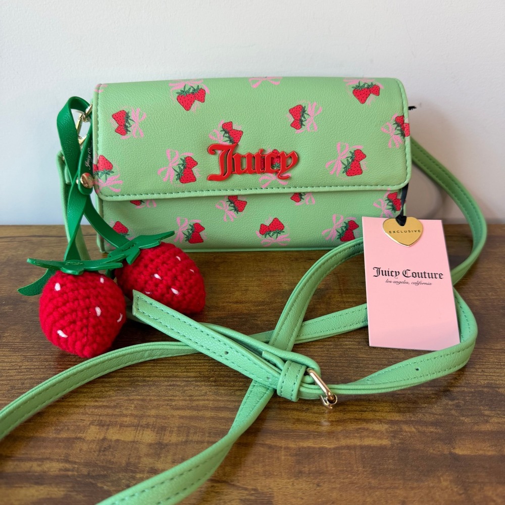 New Juicy Couture Sweet Strawberry Green Red Crossbody Handbag Wallet Cute